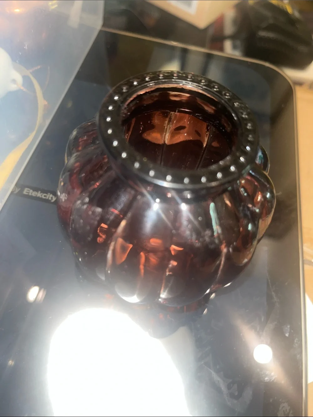 Ribbed Glass Votive Candle Holder - Deep Purple/ Brown GB1